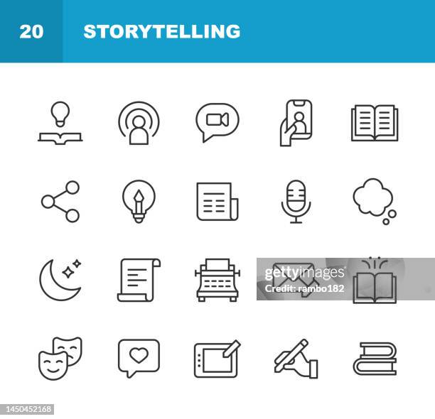 storytelling line icons. editable stroke, contains such icons as art, article, audio, book, brand, cinema, marketing, microphone, movie, music, newspaper, photography, play, podcast, text messaging, theatre, typewriter, video, writing, story, tale. - share content stock illustrations