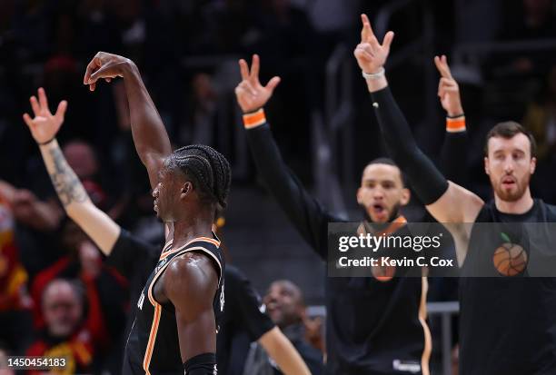 Griffin of the Atlanta Hawks hits a three-point basket to end the first quarter against the Orlando Magic at State Farm Arena on December 19, 2022 in...