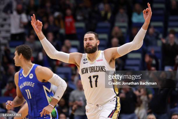 Jonas Valanciunas of the New Orleans Pelicans celebrates a three-point shot during the first half against the Milwaukee Bucks at the Smoothie King...