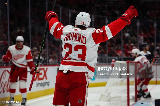 Lucas Raymond of the Detroit Red Wings celebrates after scoring a goal against the Washington Capitals during the third period of the game at Capital...