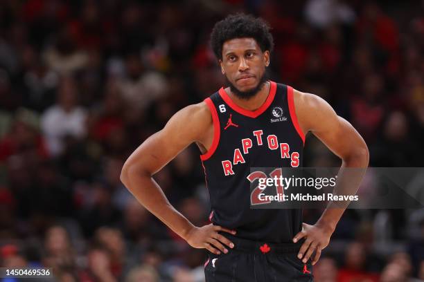 Thaddeus Young of the Toronto Raptors looks on against the Chicago Bulls during the first half at United Center on November 07, 2022 in Chicago,...