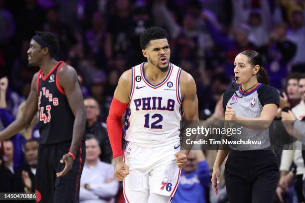 Tobias Harris of the Philadelphia 76ers reacts after scoring during overtime against the Toronto Raptors at Wells Fargo Center on December 19, 2022...