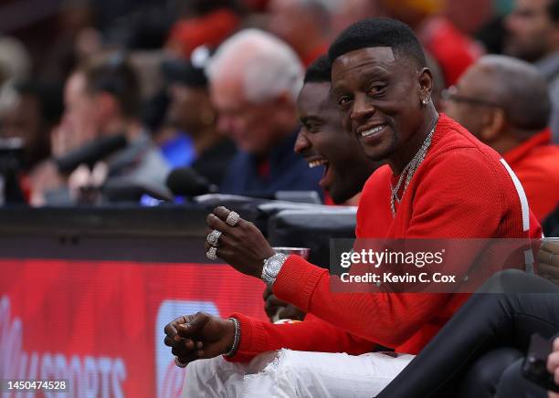 Boosie Badazz reacts during the second half of the game between the Atlanta Hawks and the Orlando Magic at State Farm Arena on December 19, 2022 in...