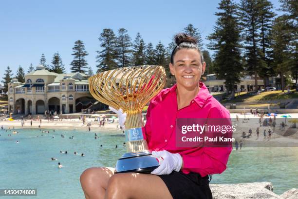 Casey Dellacqua poses with the United Cup trophy during a United Cup media opportunity at Cottesloe Beach on December 20, 2022 in Perth, Australia.