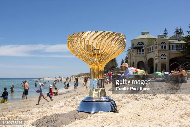 The United Cup trophy is pictured at Cottesloe Beach during a United Cup media opportunity at Cottesloe Beach on December 20, 2022 in Perth,...