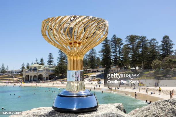 The United Cup trophy is pictured at Cottesloe Beach during a United Cup media opportunity at Cottesloe Beach on December 20, 2022 in Perth,...