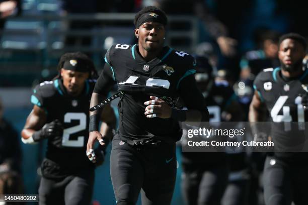 Arden Key of the Jacksonville Jaguars takes the field before the game against the Dallas Cowboys at TIAA Bank Field on December 18, 2022 in...