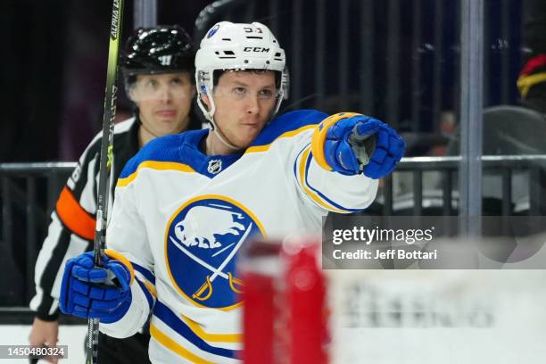 Jeff Skinner of the Buffalo Sabres celebrates after scoring a goal during the second period against the Vegas Golden Knights at T-Mobile Arena on...