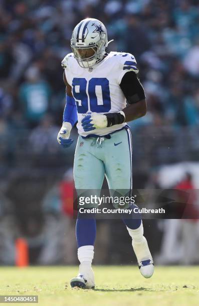 DeMarcus Lawrence of the Dallas Cowboys leaves the field after the first half against the Jacksonville Jaguars at TIAA Bank Field on December 18,...