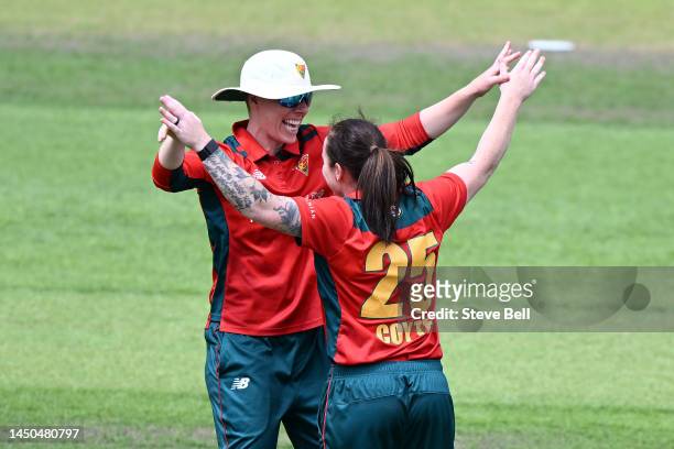 Sarah Coyte and Elyse Villani of the Tigers celebrates the wicket of Tahlia Wilson of the Breakers during the WNCL match between Tasmania and New...