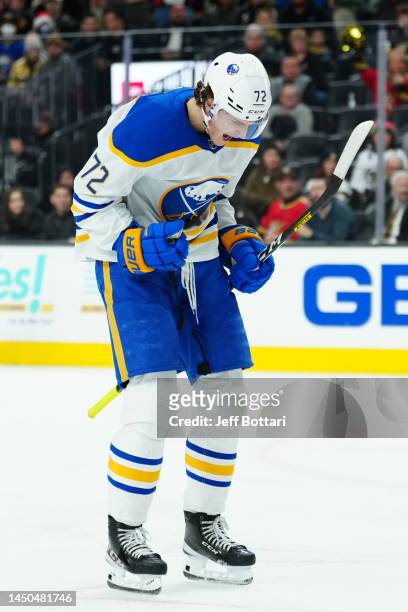 Tage Thompson of the Buffalo Sabres celebrates after scoring a goal during the second period against the Vegas Golden Knights at T-Mobile Arena on...