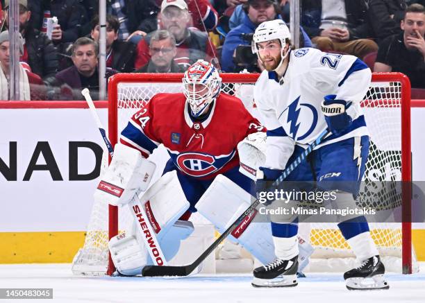 Goaltender Jake Allen of the Montreal Canadiens protects his net against Brayden Point of the Tampa Bay Lightning during the second period at Centre...