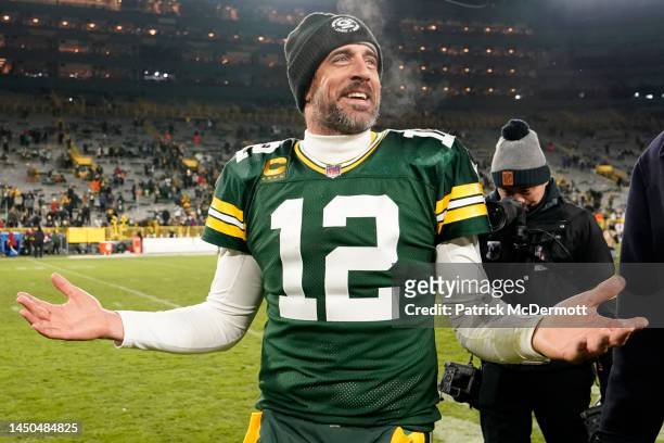 Aaron Rodgers of the Green Bay Packers reacts after defeating the Los Angeles Rams 24-12 at Lambeau Field on December 19, 2022 in Green Bay,...