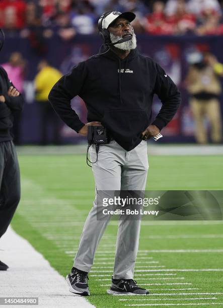 Head coach Lovie Smith of the Houston Texans checks the video board against the Kansas City Chiefs at NRG Stadium on December 18, 2022 in Houston,...