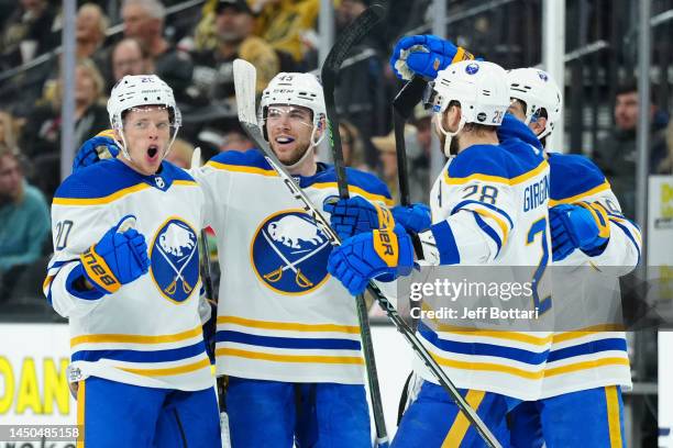 Lawrence Pilut of the Buffalo Sabres celebrates after scoring a goal during the second period against the Vegas Golden Knights at T-Mobile Arena on...