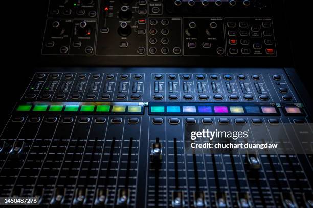 close-up of audio mixer console with control panel - electric mixer stock pictures, royalty-free photos & images