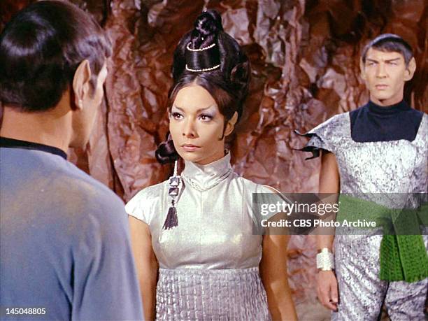 From left, Leonard Nimoy as Mr. Spock, Arlene Martel as T'Pring and Lawrence Montaigne as Stonn, in the STAR TREK episode, "Amok Time." Original...