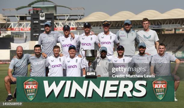 The England Cricket team pictured after winning the third and final test during Day Four of the Third Test Match between Pakistan and England at...