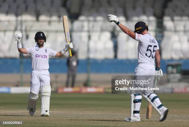 Ben Duckett of England and Ben Stokes of England celebrate winning the Third Test during Day Four of the Third Test Match between Pakistan and...