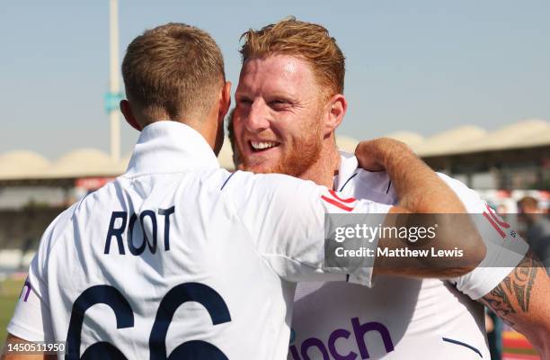 Joe Root of England congratulates Ben Stokes of England on their victory during Day Four of the Third Test Match between Pakistan and England at...