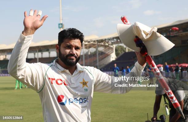 Azhar Ali of Pakistan waves to the supporters, after his last Test Match for Pakistan during Day Four of the Third Test Match between Pakistan and...