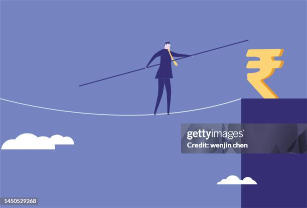business man walks towards indian rupee on wire rope - high wire walker stock illustrations