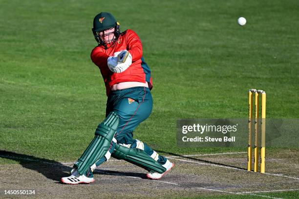 Lizelle Lee of the Tigers hits a boundary during the WNCL match between Tasmania and New South Wales at Blundstone Arena, on December 20 in Hobart,...