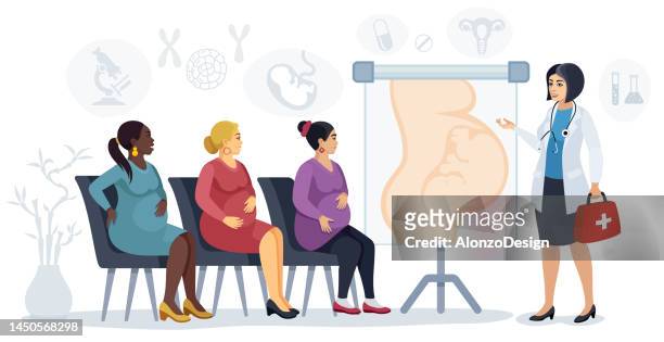 ilustrações de stock, clip art, desenhos animados e ícones de prenatal clinic and birth.  doctor counseling pregnant women. - asian family