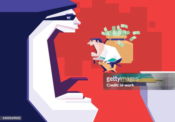 businessman carrying sack of money bank notes and riding bull and jumping over broken puzzle bridge and meeting scammer - avid pro tools stock illustrations