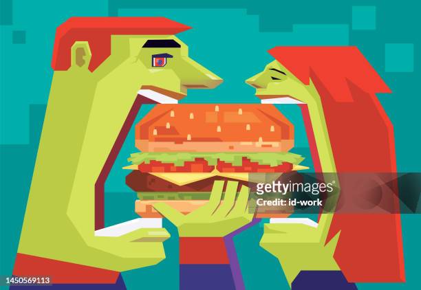 ilustraciones, imágenes clip art, dibujos animados e iconos de stock de pareja zombie comiendo hamburguesa grande - fat female cartoon characters