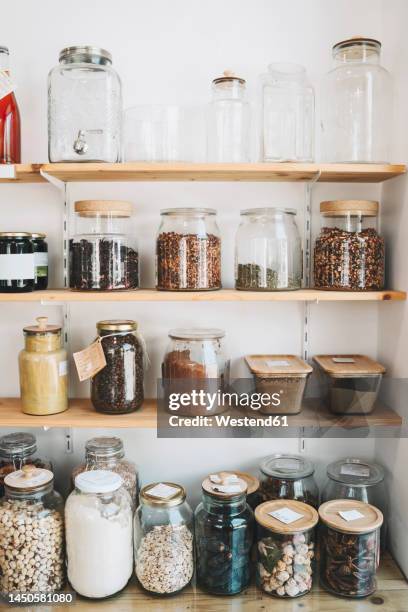 mason jars arranged on shelves in convenience store - vacuum packed stock pictures, royalty-free photos & images