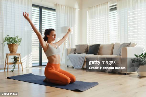 young woman taking exercise in her living room. - fitness or vitality or sport and women fotografías e imágenes de stock