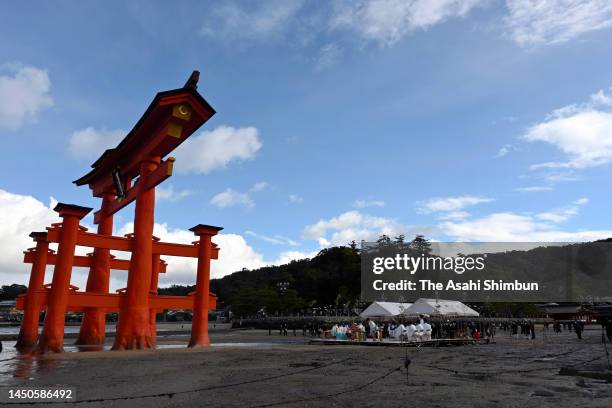 Shrine priests organise a rite as the refurbishment work of a giant shrine gate has been completed at Itsukushima Jinja Shrine on December 18, 2022...