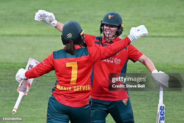 Naomi Stalenberg and Emma Manix-Geeves of the Tigers celebrate the win during the WNCL match between Tasmania and New South Wales at Blundstone...