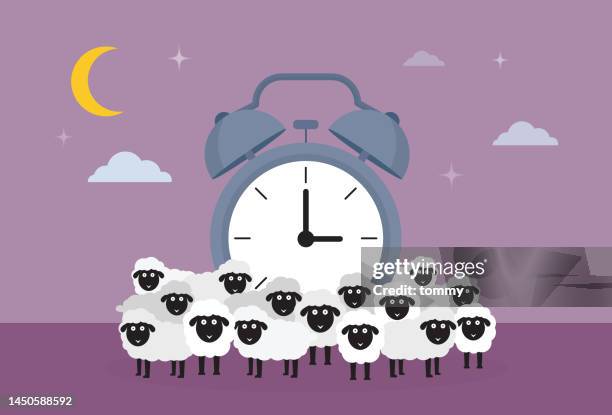 illustrations, cliparts, dessins animés et icônes de le concept d’insomnie représente par un mouton et une horloge - insomnie