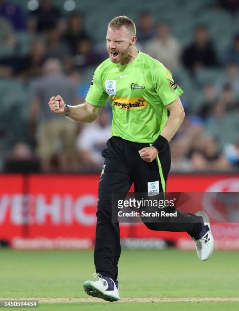 Nathan McAndrew of the Thunder celebrates bowling Chris Lynn of the Strikers for 28 runs during the Men's Big Bash League match between the Adelaide...