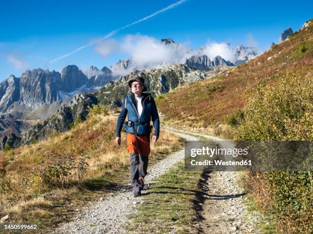 active senior man walking in front of mountains on sunny day at vanoise national park, france - parque nacional vanoise fotografías e imágenes de stock