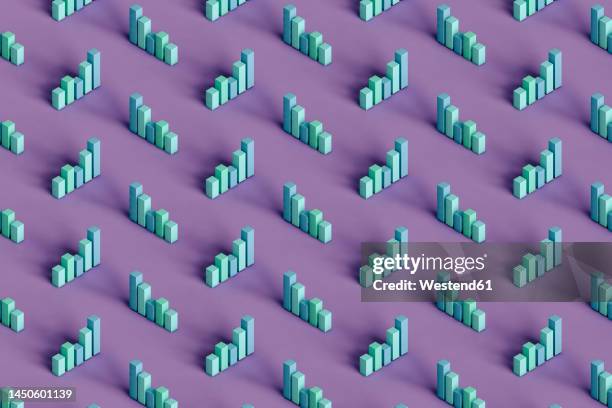 ilustraciones, imágenes clip art, dibujos animados e iconos de stock de three dimensional pattern of pastel colored bar graphs standing against purple background - knolling concept