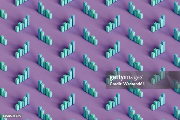 three dimensional pattern of pastel colored bar graphs standing against purple background - data chart stock illustrations