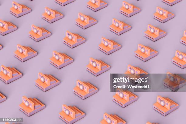 stockillustraties, clipart, cartoons en iconen met three dimensional pattern of rows of instant cameras flat laid against purple background - grote groep dingen