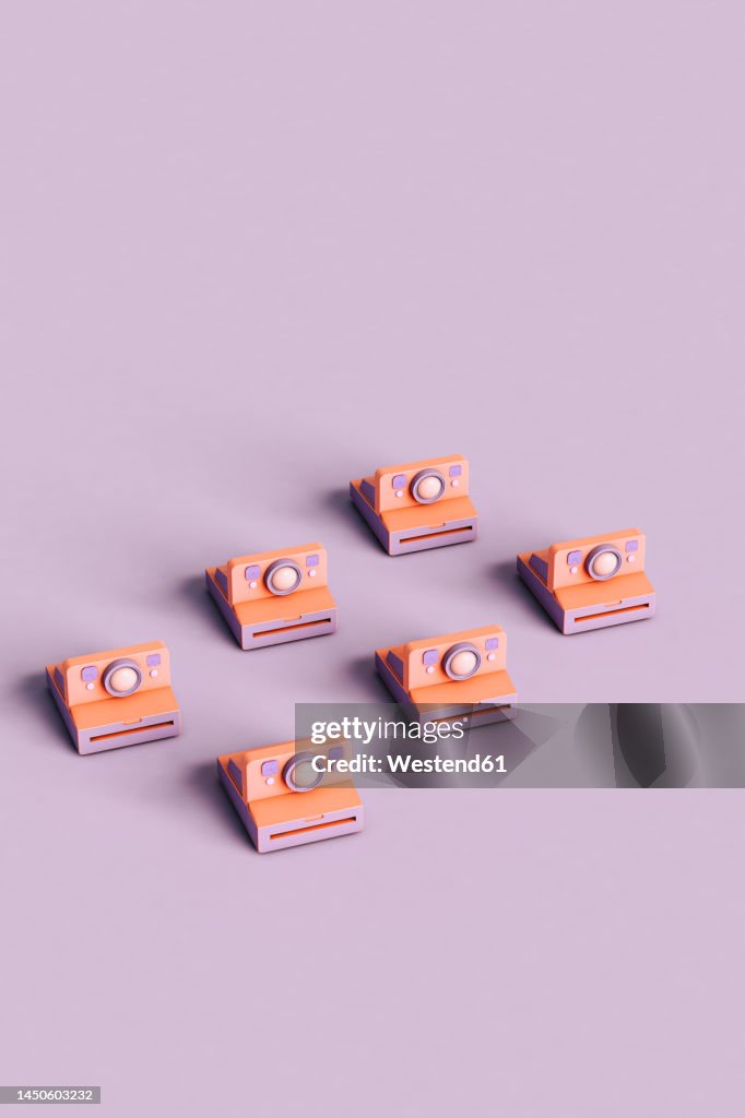 Three Dimensional Render Of Rows Of Instant Cameras Flat Laid Against ...