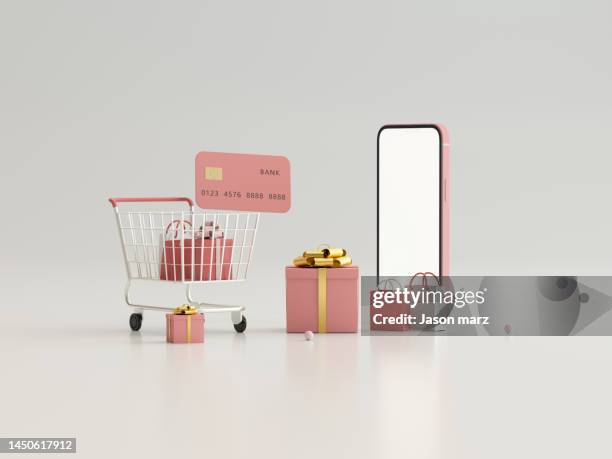 shopping online on mobile application concept marketing and digital . 3d render - einkaufswagen freisteller stock-fotos und bilder