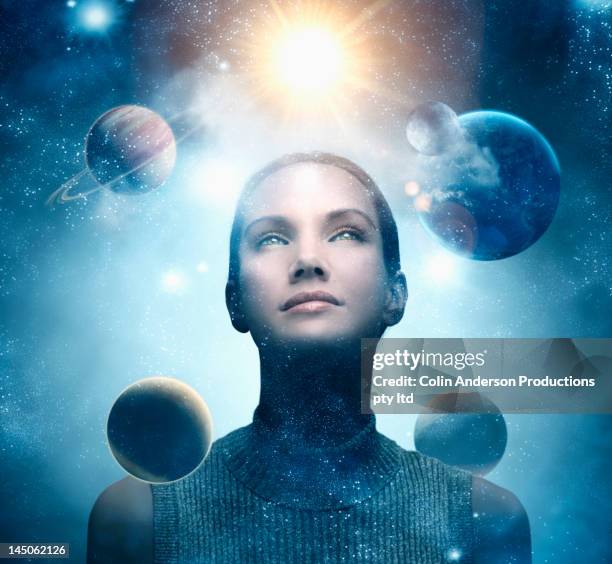 planets orbiting around pacific islander woman's head - orbiting stock pictures, royalty-free photos & images