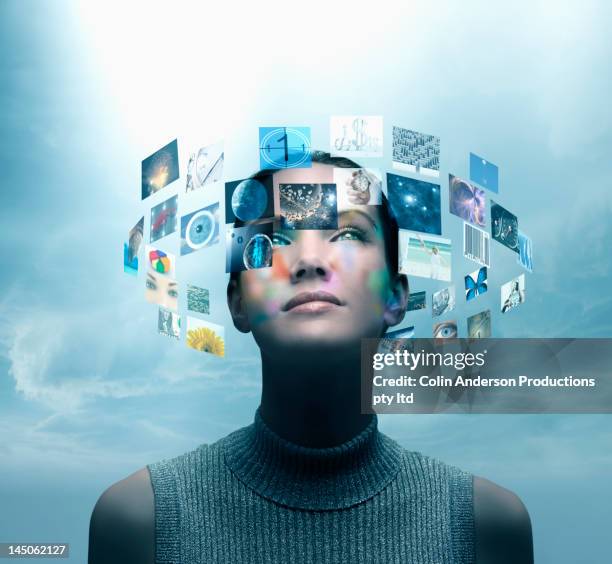 pictures circling around pacific islander woman's head - futuristic communication stock pictures, royalty-free photos & images