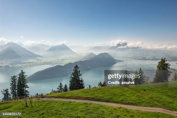 sentiero escursionistico e ciclabile sul lago dei quattro cantoni sul monte rigi - lago dei quattro cantoni foto e immagini stock