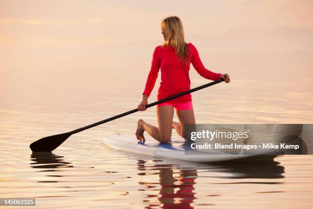 caucasian woman kneeling on paddle board - paddle boarding bildbanksfoton och bilder