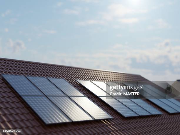 solar panels on household roof - tableau de commande photos et images de collection