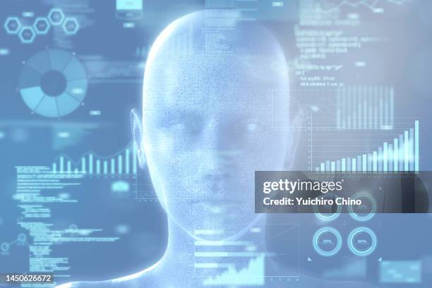 hologram ai robot and data - artificial intelligence stock-fotos und bilder