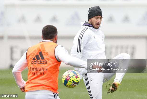 Eden Hazard and Daniel Carvajal players of Real Madrid are training at Valdebebas training ground on December 20, 2022 in Madrid, Spain.