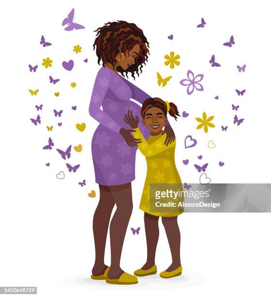 pregnant african woman. happy mother's day. mom hugs her daughter. - positive healthy middle age woman stock illustrations